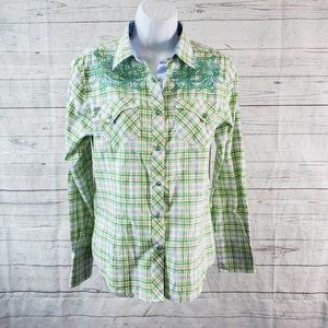 Danesi Womens Pearl Snap‎ Shirt Sz Medium Green White Plaid Embroidered